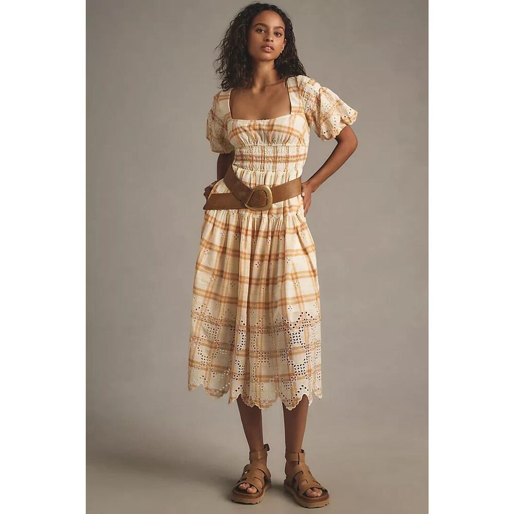 NWT Anthropologie Puff-Sleeve Eyelet Midi Dress Size S Yellow #8E456
